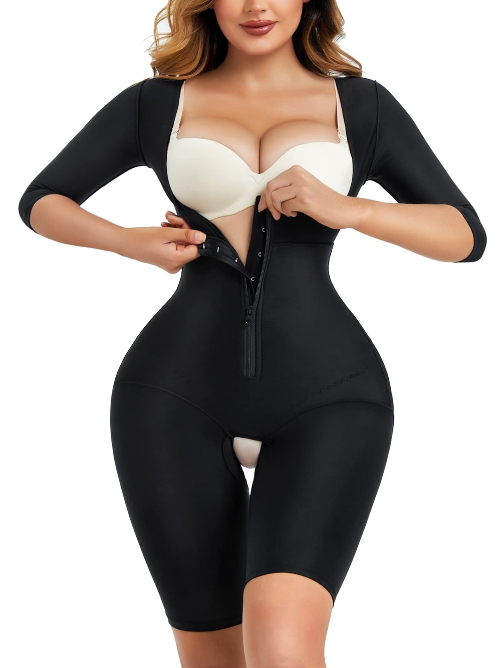 Black Women’s Full-Body Shapewear Bodysuit - Open Bust & Thigh Compression